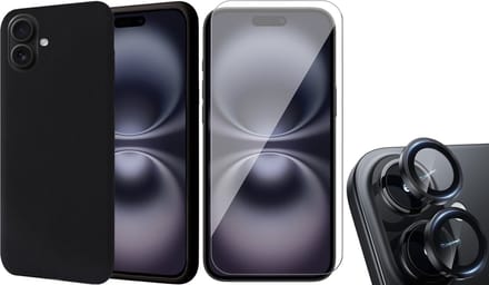 Hoesje geschikt voor iPhone 16 - Screenprotector Glas & Camera Protector - Matte Case Zwart met Fluweelzachte Binnenzijde