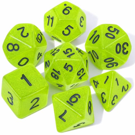 Dobbelstenen Set 7-delig – Transparant Groen Glitters D20 D12 D10 D8 D6 D4 – Voor RPG & Tafelspellen