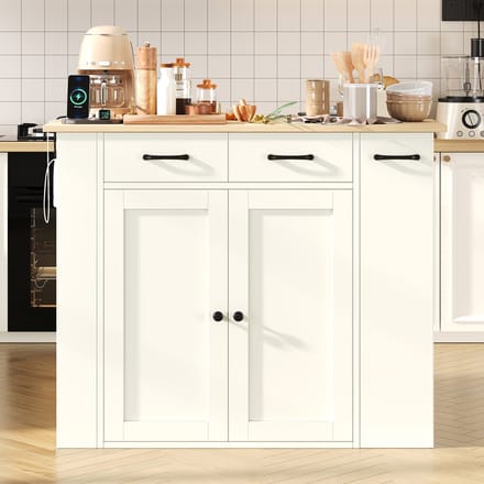 Keukeneiland - 120x60x90 cm - Uitschuifbare Tafel - met Stopcontacten & Stoelen - Hout - Wit