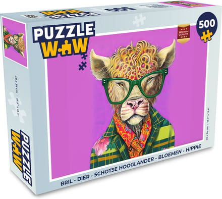 Puzzel Bril - Dier - Schotse hooglander - Bloemen - Hippie - Legpuzzel - Puzzel 500 stukjes