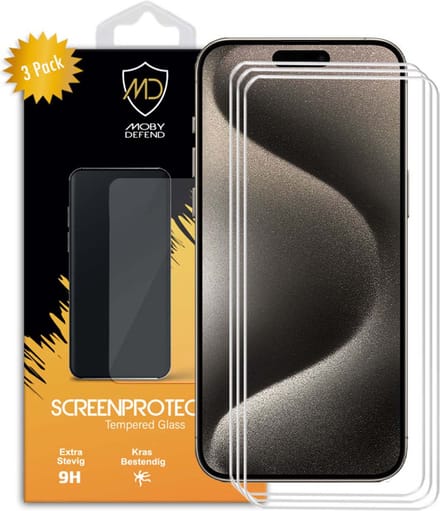 3-Pack MobyDefend Screenprotectors - Geschikt voor iPhone 15 Pro - Case-Friendly Screensavers - Gehard Glas