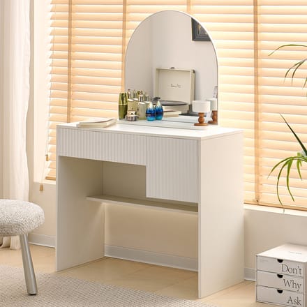 MIVRAY Kaptafel - Met Grote Gebogen Spiegel En 2 Laden - Voor Slaapkamer En Kleedruimte - MDF - Wit