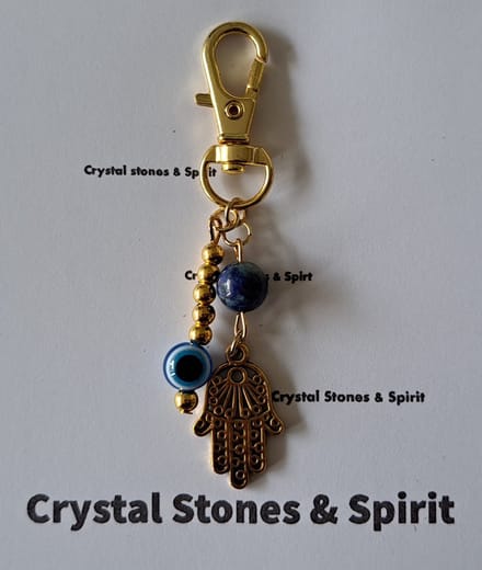 Boze Oog / Khamsa met "Lapis Lazuli" , sleutelhanger goudkleurig