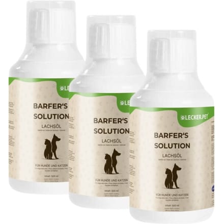3 x 500 ml Lecker.Pet® Barfer's Solution 100 % zalmolie voor honden & katten