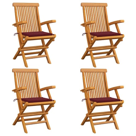 vidaXL - Klapstoelen - met - wijnrode - kussens, - 4 - stuks, - massief - teakhout