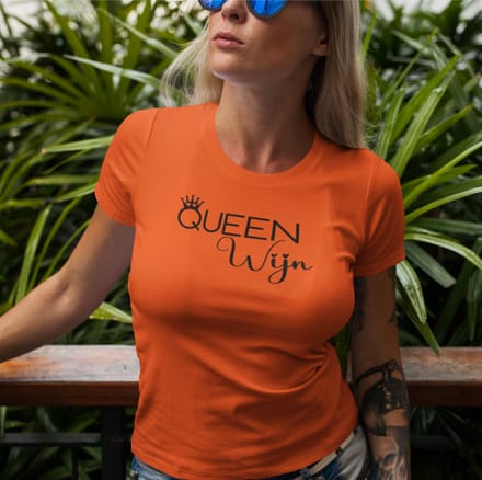 Koningsdag Dames T-shirt-Queen wijn-Aansluitend model- Oranje shirt-Maat S
