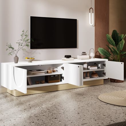 Modern tv-meubel - met houtnerf - minimalistisch gebogen ontwerp - veel opslagruimte en kabelbeheer - wit