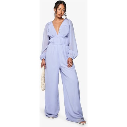 boohoo Dames Chiffon V-hals geraffelde jumpsuit met wijde pijpen | Blauw | Maat: 38