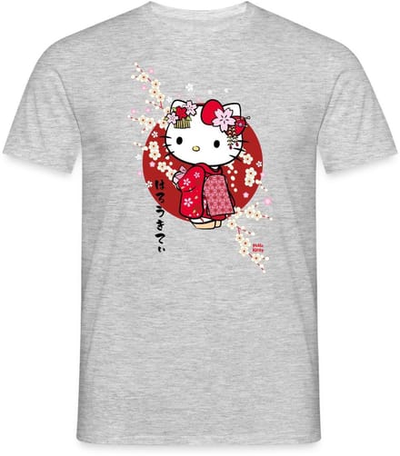 Hello Kitty In Een Rode Kimono En Kersenbloesems T-Shirt Heren