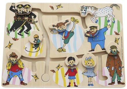 Kinderboeken Pippi Langkous houten schuifpuzzel speelgoed puzzel.