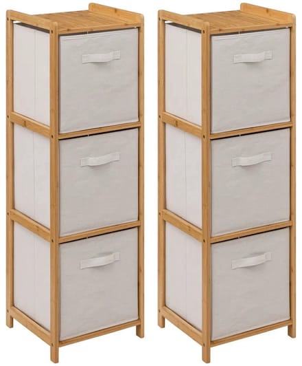 5Five Opbergkast met 3 polyester manden - 2x - 3 lagen - bamboe - beige - 35 x 33 x 109 cm