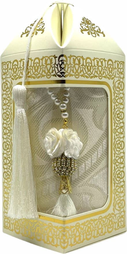 Geschenkset Bade met een gebedskleed en een parel tasbih in een luxe kartonnen box wit