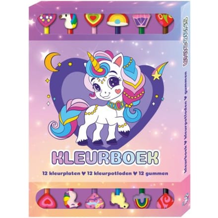 Kleurboek Box Met 12 Potloden En Gummen - Unicorns - Interstat