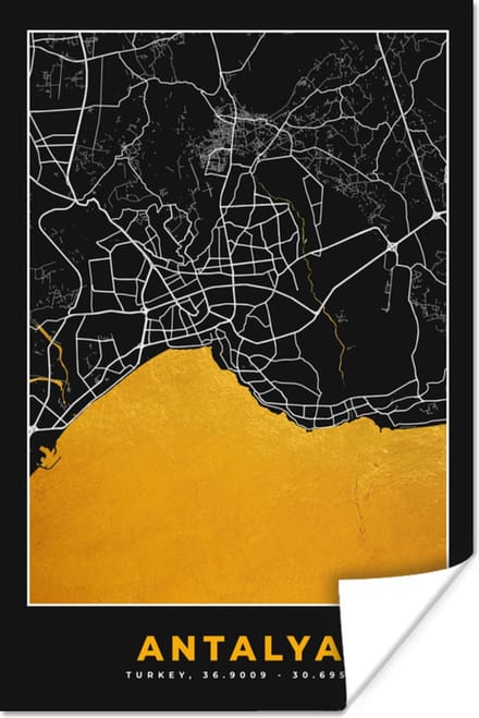 Poster Antalya - Stadskaart - Plattegrond - Goud - Kaart - 20x30 cm