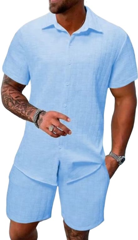 Zomer Set Design Heren - Blauw - Oversized Blouse - Korte Broek - Korte Mouwen