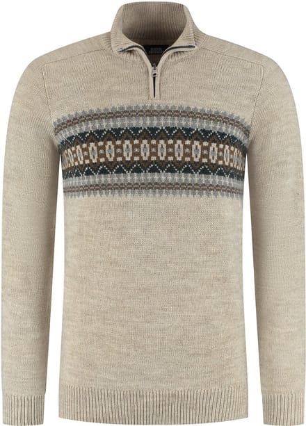 Boston Brothers heren trui - 5802 - beige print - korte rits - schipperstrui - maat M