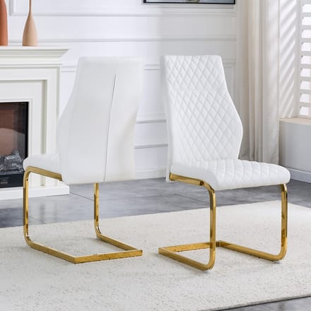 MODFU - Eetkamerstoelen Set Van 2 - Hoge Rugleuning - Ruitpatroon - Metaal En Kunstleer - Wit En Goud