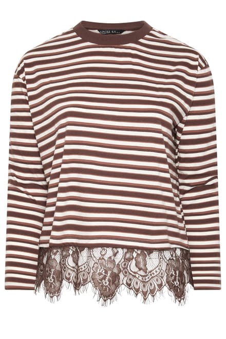 Limited Collection Bruine Gestreepte Top Met Kanten Afwerking Size 48