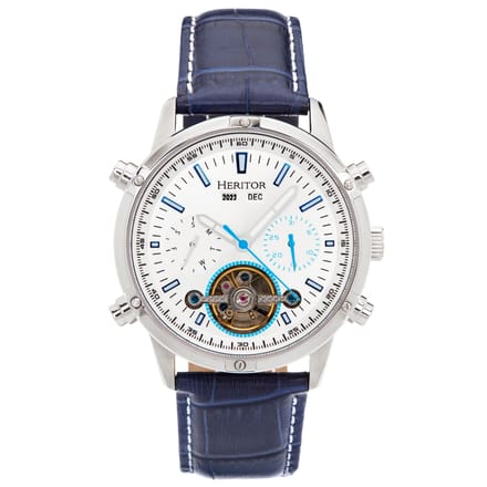 Heritor Automatic Wilhelm Semi-Skelet leren band horloge met dag/datum - zwart/zilver