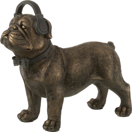 Beeld decoratie Bulldog met Koptelefoon Poly Donkerbruin Large 28cm