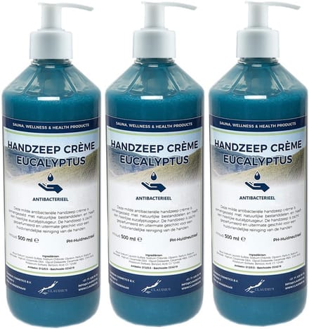 Handzeep Crème Eucalyptus 500 ml - set van 3 stuks - met gratis pomp - Voordeelverpakking