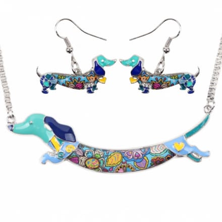 2-Delig- ketting- Oorbellen- Teckel- Blauw- Emaille- Charme Bijoux