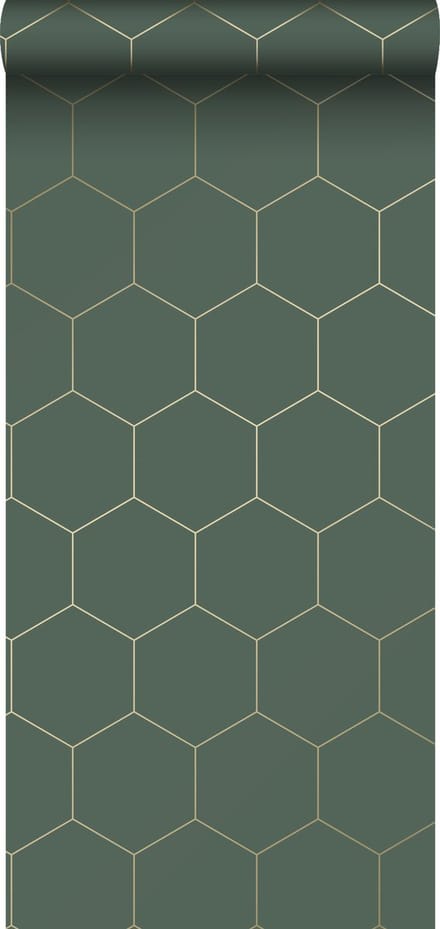 ESTAhome behang hexagon donkergroen en goud - 53 cm x 10.05 m - 139228
