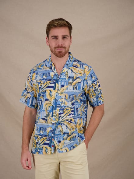 A Fish Named Fred Overhemd Korte Mouw Tropical Sketch Light Blue  3XL