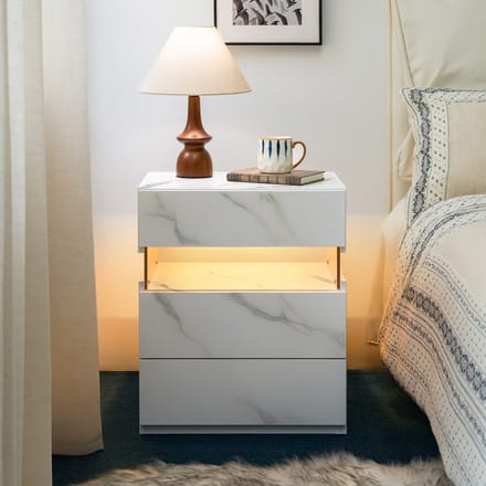 REDOM Nachtkastje van MDF-hout met LED-licht, 3 laden en acrylpaneel, mat wit, modern en multifunctioneel