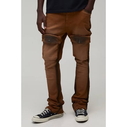 Skinny Stack Flare Cargobroek Met Meerdere Zakken, Distressed En Spray Wash | Khaki | Size 28