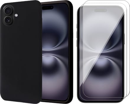 Hoesje geschikt voor iPhone 16 Plus - 2x Screenprotector Glas - Matte Case Zwart met Fluweelzachte Binnenzijde