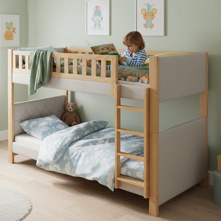 Stapelbed - 90x200 cm - Anti-bots Rand - met Rechte Trap - Rubberhout & MDF - Grijs & Naturel
