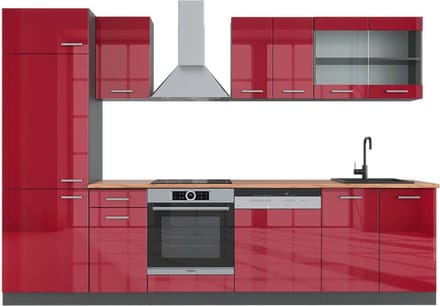 Vicco R-Line Complete keukeneenheid – 300 cm, WB Eik Rood hoogglans/antraciet