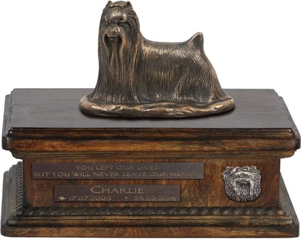 Persoonlijke urn voor Yorkshire Terrier met beeldje en houten design