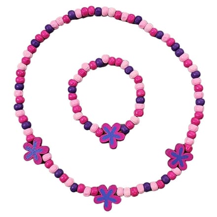 Fako Bijoux® - Kinderketting en Armband - Hout - Bloemetjes Roze