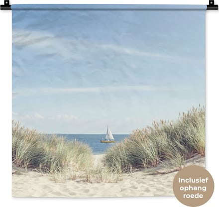 Wandkleed - Wanddoek - Boot - Zee - Strand - 60x60 cm - Wandtapijt