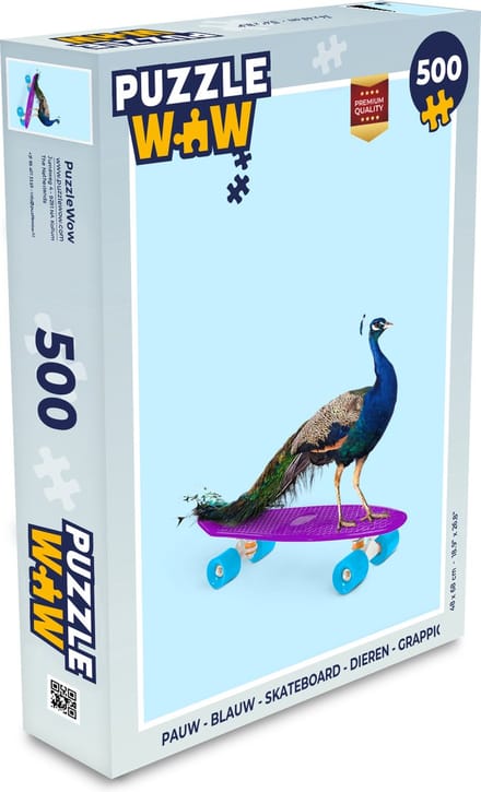 Puzzel Pauw - Blauw - Skateboard - Dieren - Grappig - Legpuzzel - Puzzel 500 stukjes