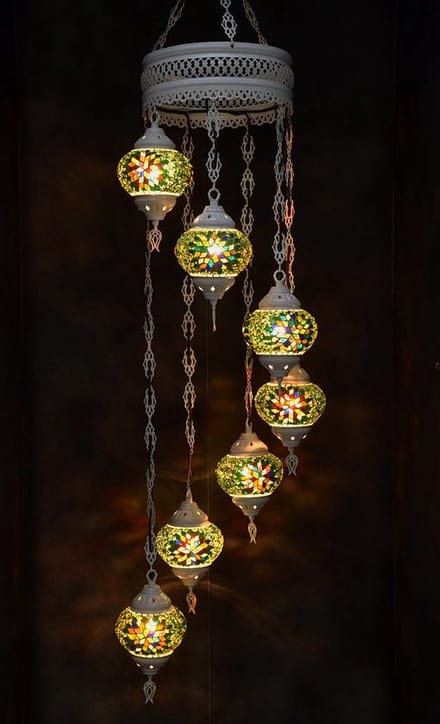 Hanglamp multicolourpastel groen glas mozaïek Oosterse lamp kroonluchter Crèmewit 7 bollen