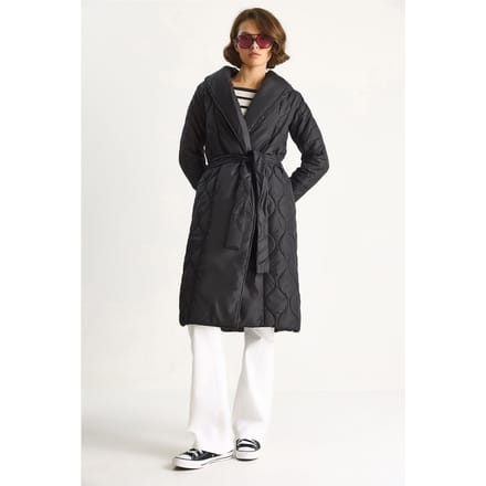 Textured Sjaalkraag Midi Puffer Jack met Striksluiting