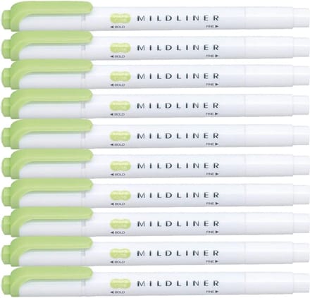 Zebra Mildliner Double-Sided Highlighter - Fine / Bold – Mild Green Set van 10 + een Luxe Zipperbag - WKT7-MG