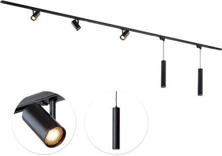 Qub Viror Railverlichting - Zwart - 300 cm - I-Vorm - 3 Mesh spots & 2 Hanglampen - Dimbaar - Complete Set