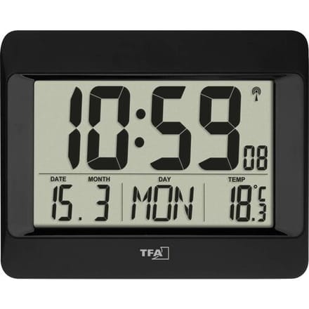 TFA Dostmann 60.4519.01 Wandklok Zendergestuurd 21.5 cm x 2.6 cm x 16 cm Zwart Groot display