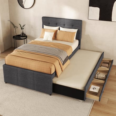 REDOM ledikant 90x200 cm – Linnen grijs – Uitschuifbed, 3 laden, verstelbaar hoofdeinde – Gastenbed
