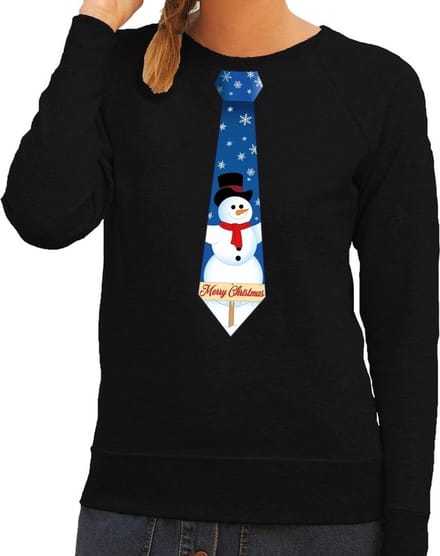 Foute kersttrui / sweater stropdas met sneeuwpop print zwart voor dames S