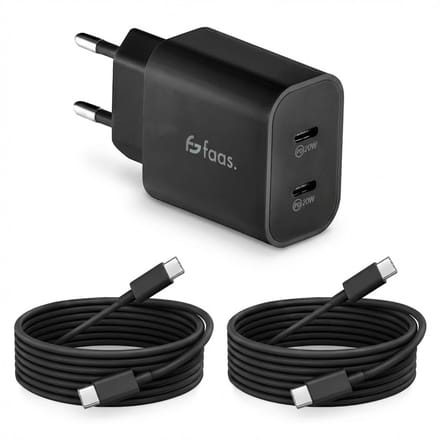 Faas USB C Oplader - Snellader - 40W - 2x 20W Poort - 2 kabels - 1.5 meter - USB C Kabel - USB C naar USB C - Zwart