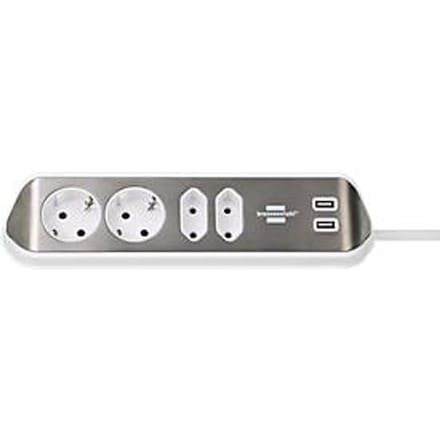 Hoekstopcontactstrip brennenstuhl® estilo, 4-voudig + USB-laadfunctie, IP20, met kabel & kleefkussens, L 70 x B 100 x H 300 mm, wit-zilver