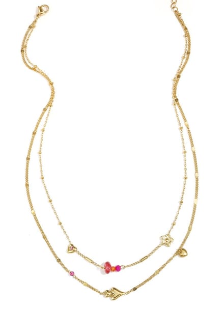 Dubbele ketting met hartjes, kralen en bloemetjes - Goud - Gekleurd - Yehwang