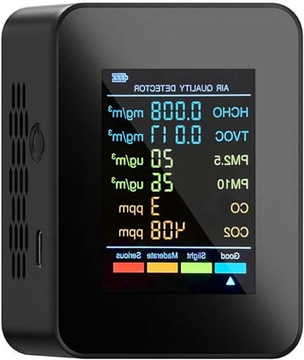 Luchtkwaliteitsmonitor - CO2 meter - Binnenlucht Meten - Zes Sensoren - 90x70x35 mm - Zwart
