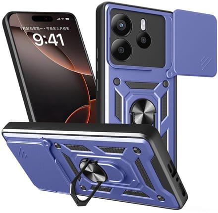 MobyDefend Hoesje - Geschikt voor Xiaomi Redmi Note 14 5G - Pantsercase Met Draaibare Ring - Blauw
