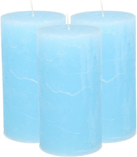 Atmosphera Stompkaars - 3x - licht blauw - 7 x 13 cm - cilinderkaars - kaarsen - rustiek model